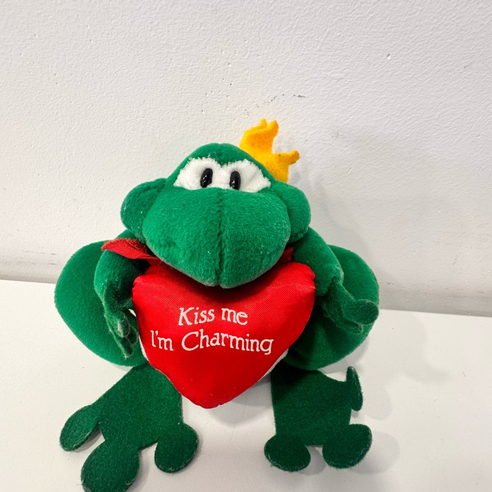 Green Plush Frog Holding Red Heart Pillow - 'Kiss Me I'm Charming'